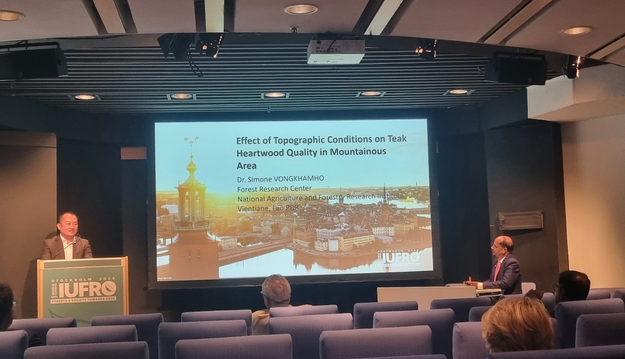 ນັກວິທະຍາສາດຂອງສູນຄົ້ນຄວ້າປ່າໄມ້ ໄດ້ຂຶ້ນລາຍງານຜົນການຄົ້ນຄວ້າໃນກອງປະຊຸມໃຫຍ່ການຄົ້ນຄວ້າປ່າໄມ້ໂລກ ຄັ້ງທີ 26 ທີ່ນະຄອນ ສະຕັອກໂຮມ ແຫ່ງປະເທດສະວີເດັນ ໃນລະຫວ່າງວັນທີ 23 – 29 ມີຖຸນາ 2024